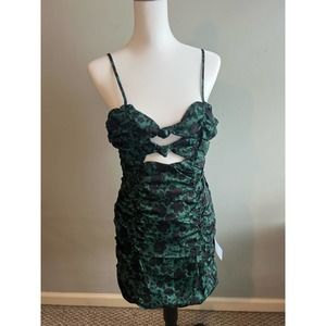 NSR Green Cut Out Dress Black Floral BodyCon Front Ruched Size L NEW
